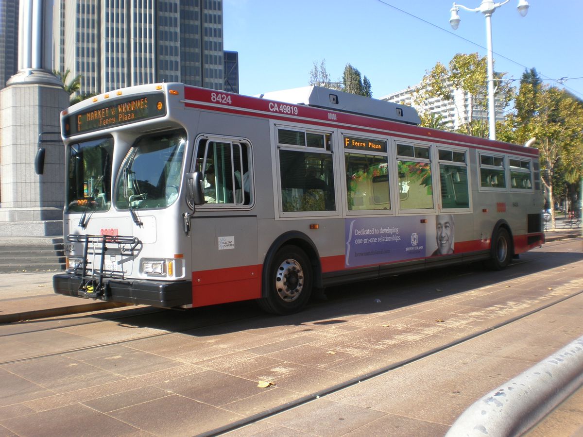  A Muni bus operating on the tracks of the F Market & Wharves to handle extra passenger loads during Fleet Week.  (Wikimedia Commons)