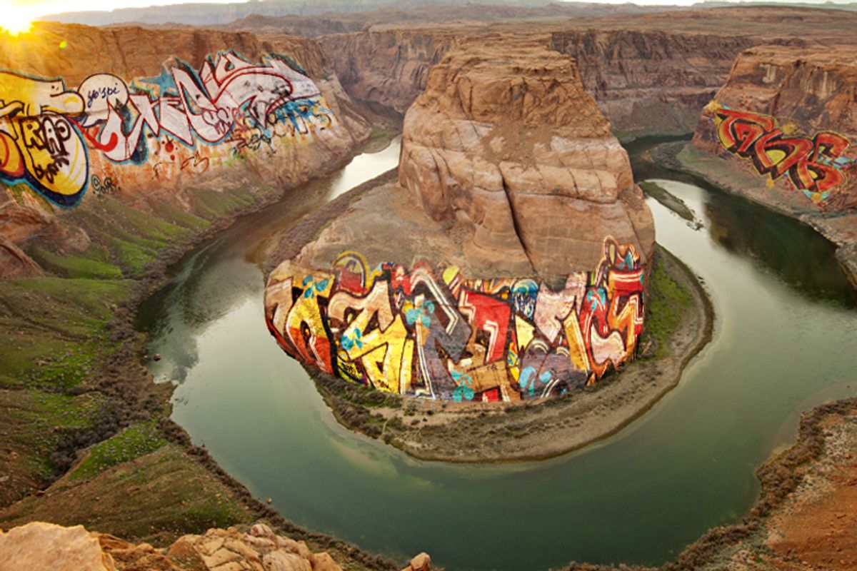   An artist's visualization of Grand Canyon's social-media vandalized future (<a href='http://www.shutterstock.com/gallery-606463p1.html'>somchaij</a> via <a href='http://www.shutterstock.com/'>Shutterstock</a>/Photo treatment by Salon)