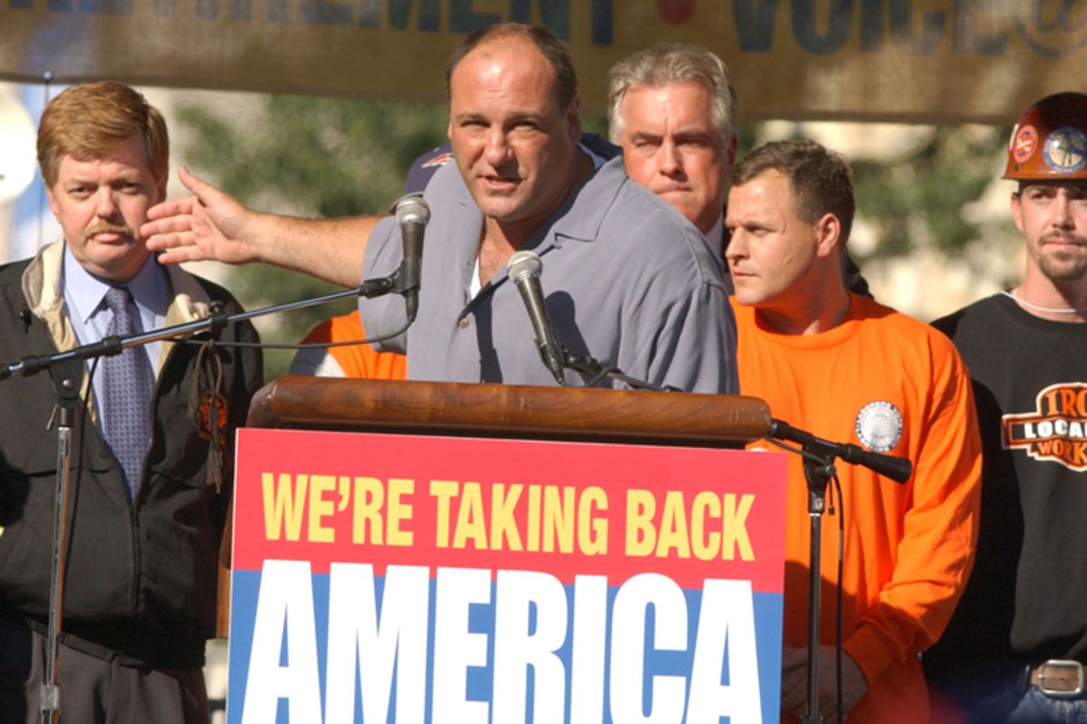 James Gandolfini speaks during a Stop Bush rally organized by the Central Labor Council on Sept. 1, 2004.   (AP/Jacqueline Larma)