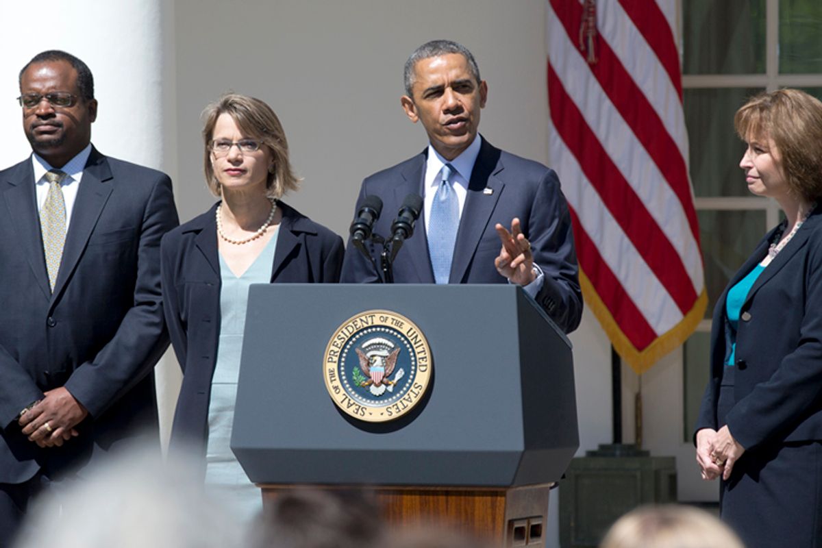 Barack Obama announces the nominations of Robert Wilkins, Cornelia Pillard, and Patricia Ann Millet, to the U.S. Court of Appeals for the District of Columbia Circuit, June 4, 2013.           (AP/Manuel Balce Ceneta)