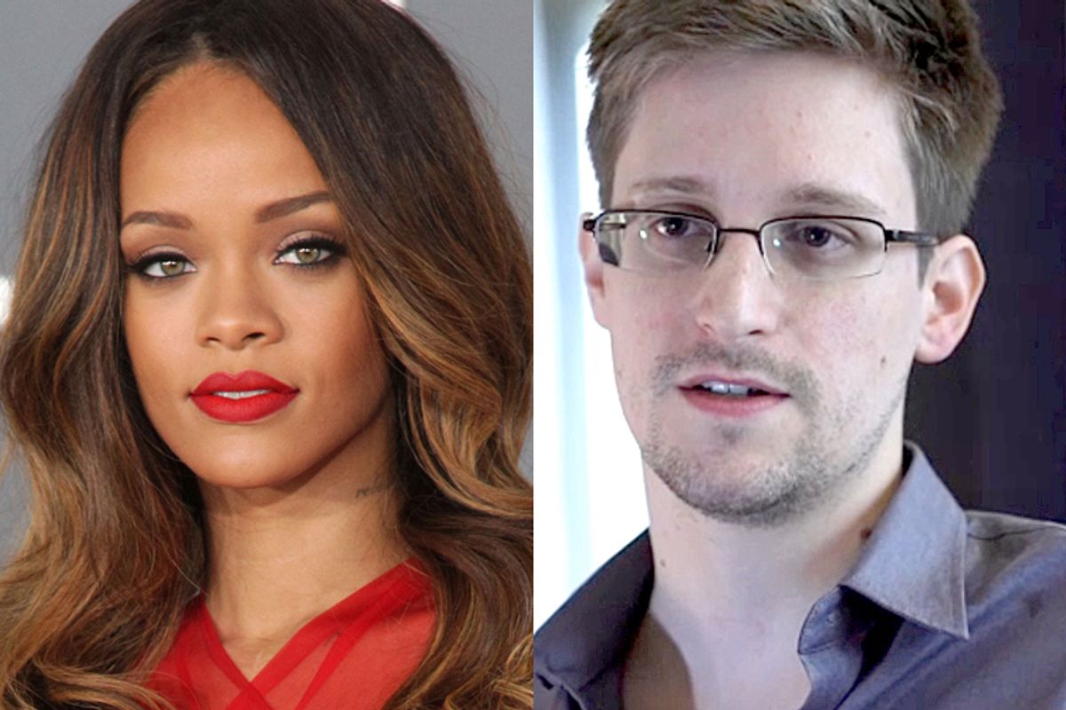 Rihanna, Edward Snowden                           (<a href='http://www.shutterstock.com/gallery-673594p1.html'>DFree</a> via <a href='http://www.shutterstock.com/'>Shutterstock</a>/Salon)