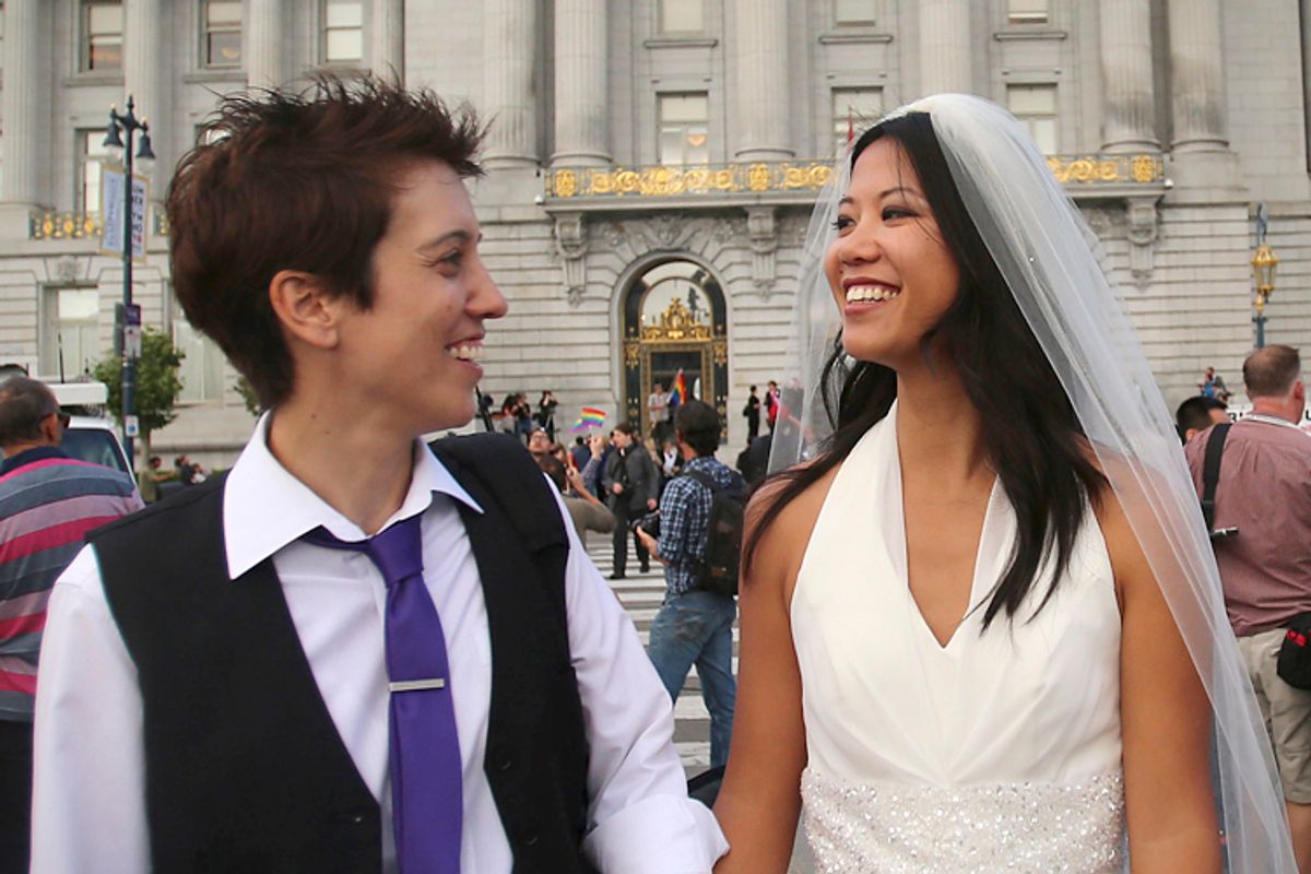 Lisa Dazols and Jenny Chang celebrate outside the city hall in San Francisco, California, June 26, 2013.               (Reuters/Jed Jacobsohn)