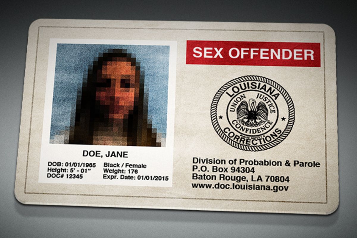 Photo treatment representing Louisiana state's identification card for individuals convicted under the Crime Against Nature statute.       (ccrjustice.org/Salon)