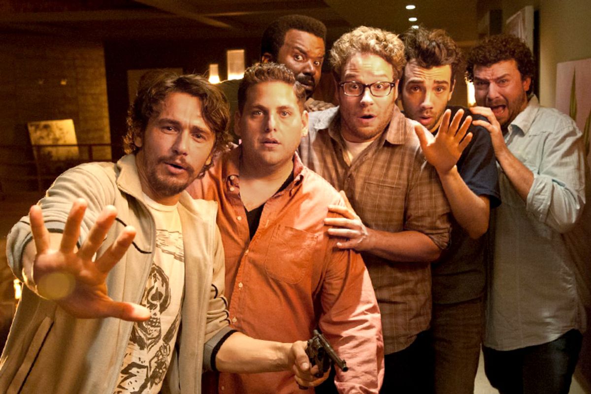 James Franco, Jonah Hill, Craig Robinson, Seth Rogen, Jay Baruchel and Danny McBride in "This Is the End."   