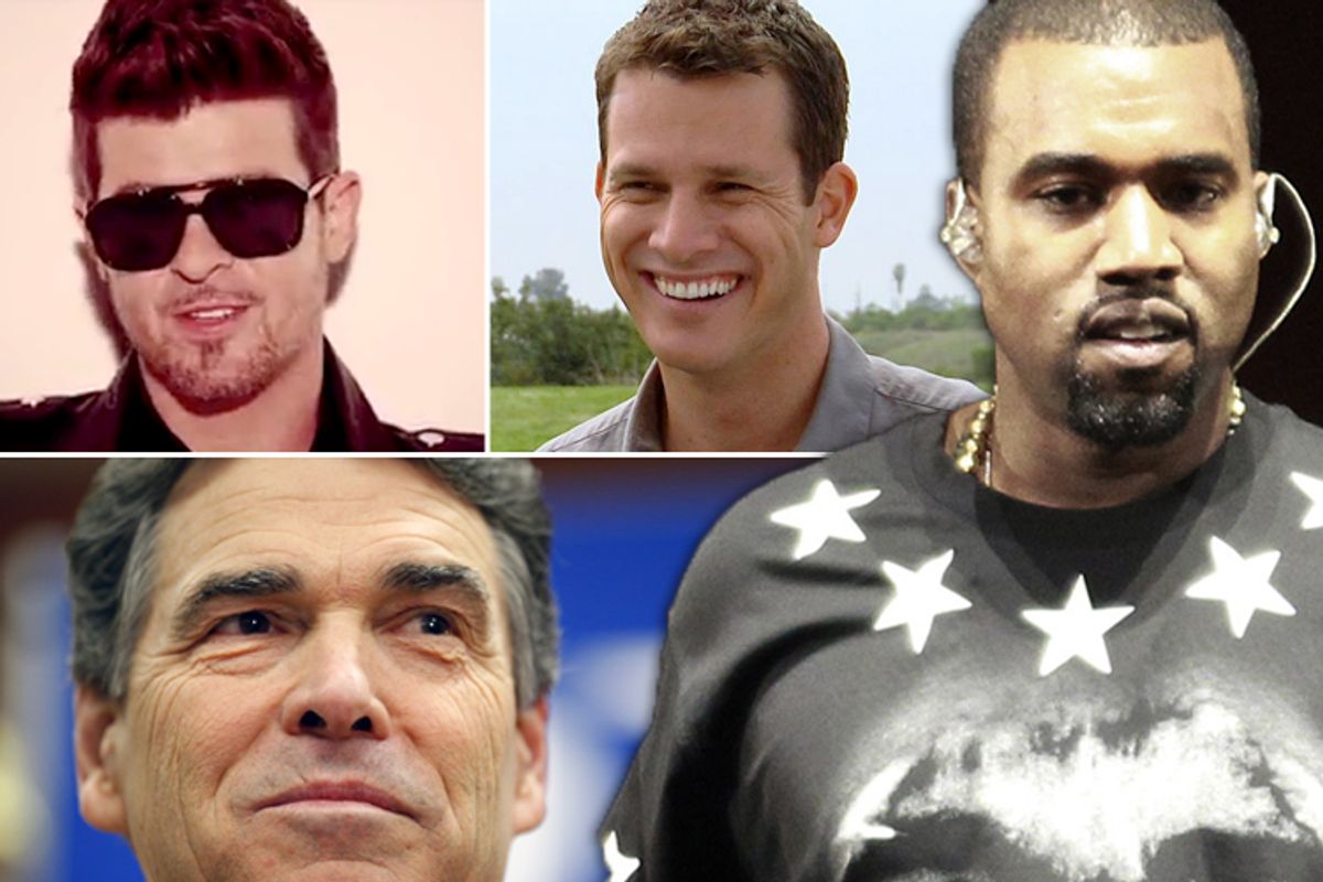 Robin Thicke, Daniel Tosh, Kanye West, Rick Perry                  (Comedy Central/Reuters/Chris Keane/AP/Julio Cortez)