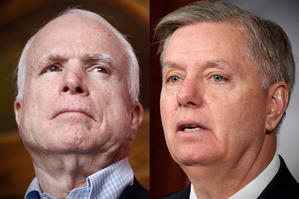 John McCain, Lindsey Graham                   (AP/Franck Robichon/Reuters/Jonathan Ernst)