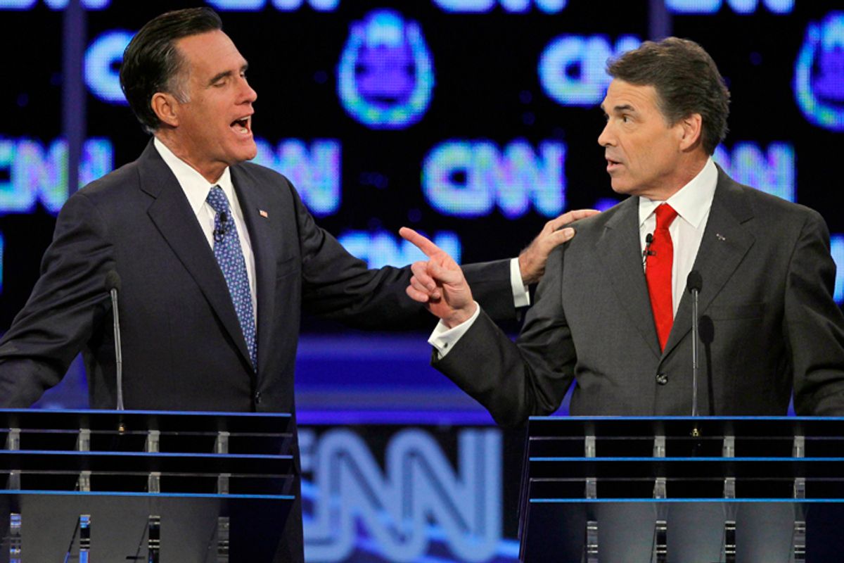 Mitt Romney and Rick Perry speak during a Republican presidential debate, July 8, 2013.      (AP/Chris Carlson)
