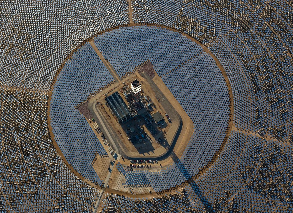 IVANPAH, CALIFORNIA, APRIL 05 2013: An aerial view of Tower 1 and its heliostats at  the Ivanpah Solar Power Facility. (photo Gilles Mingasson/Getty Images for Bechtel).   (BrightSource)