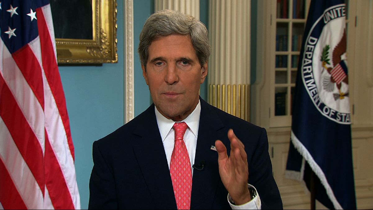 In this image from video U.S. Secretary of State John Kerry speaks from the State Department in Washington Sunday, Sept. 1, 2013, making a case for U.S. intervention in Syria. Kerry appeared at State in a series of interviews on Sunday news shows to say that the case for intervention in Syria's 2 1/2-year civil war was strengthening each day and that he expected American lawmakers to recognize the need for action when the "credibility of the United States is on the line." He said President Barack Obama has the authority to launch retaliatory strikes with or without Congress' approval, but Kerry stopped short of saying the president would do so if the House or Senate withholds support. (AP Photo/APTN)                  (Associated Press)