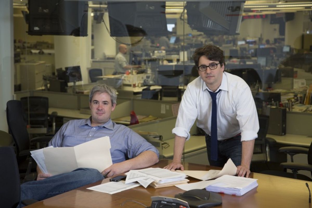 NEW YORK - JUNE 12: Pulitzer Prize winning reporters Matt Apuzzo, left, and Adam Goldman, right, pose for a portrait inside the Associated Press headquarters on June 12, 2013, in New York City. (Photo by Landon Nordeman)   (Landon Nordeman)