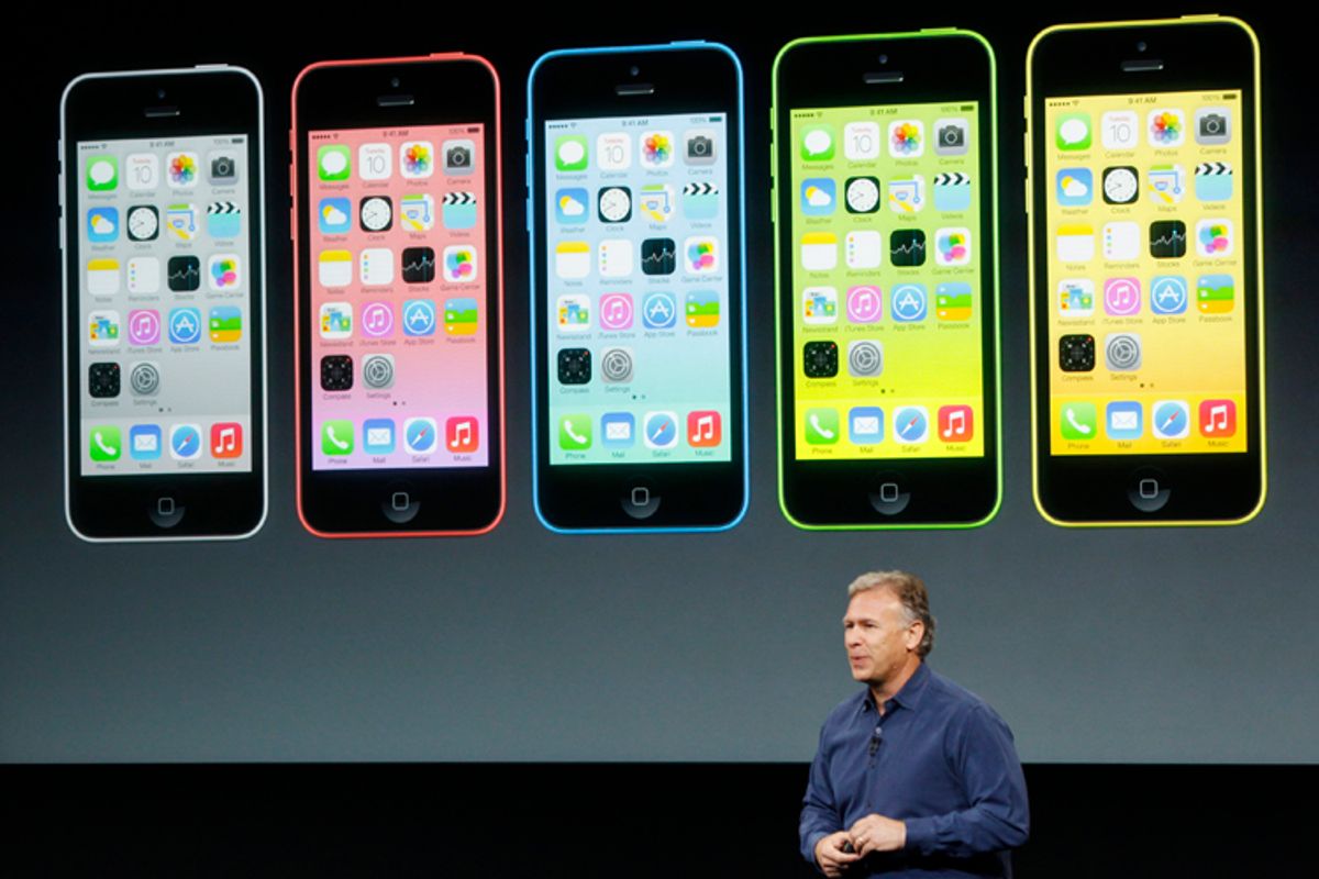 Phil Schiller, senior vice president of worldwide marketing for Apple Inc, talks about the new iPhone 5C at Apple Inc's media event in Cupertino, California September 10, 2013.            (Reuters/Stephen Lam)