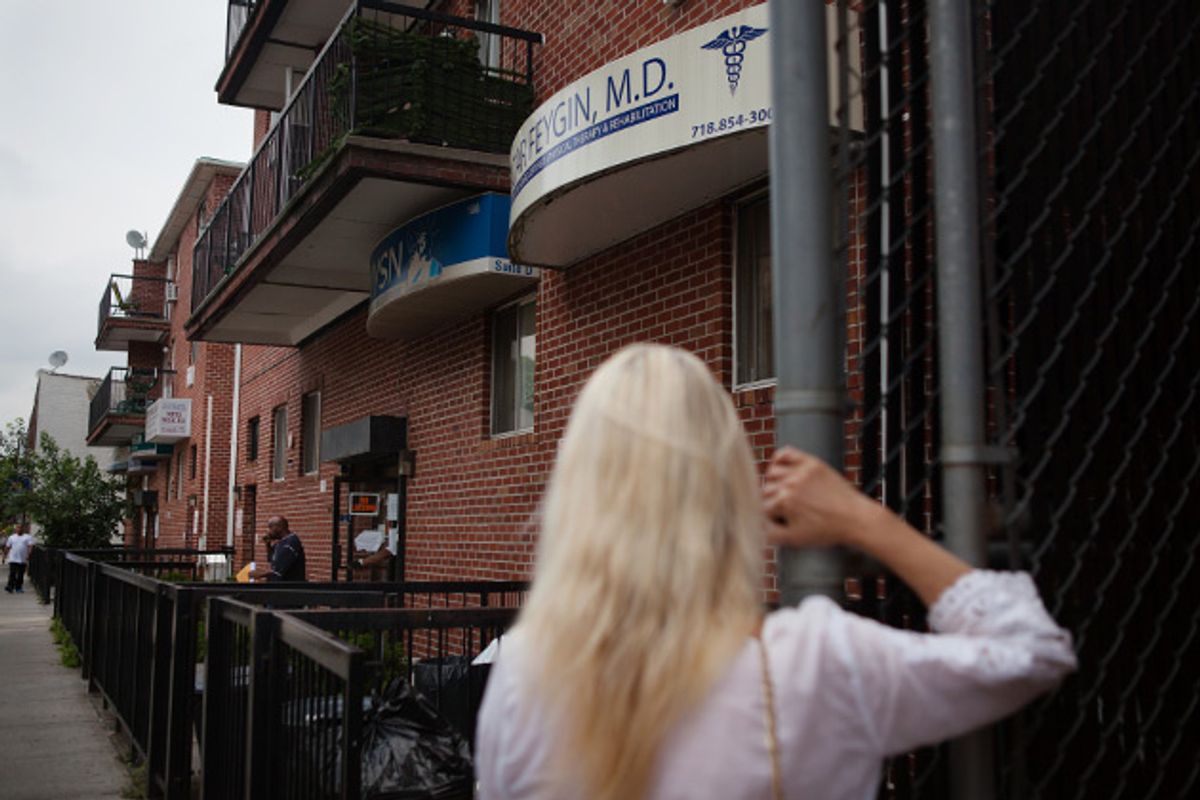 Lillian Imbert outside New York Service Network, the outpatient drug treatment clinic in Brooklyn, N.Y., where she says she was forced to go to avoid being evicted from her "sober" home.  ((Melanie Burford for ProPublica))