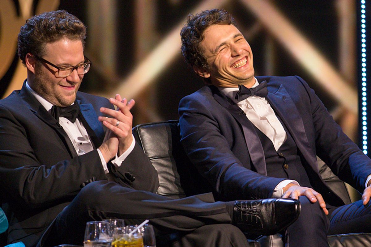 Seth Rogen and James Franco onstage during the Roast of James Franco, Aug. 25, 2013.    (AP/Paul A. Hebert)