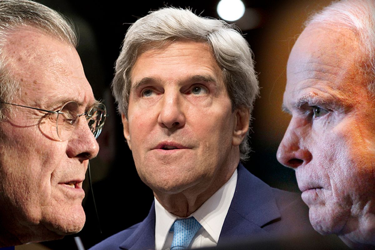 Donald Rumsfeld, John Kerry, John McCain                         (AP/Reuters/Jim Young/Joshua Roberts/Ralph Freso)