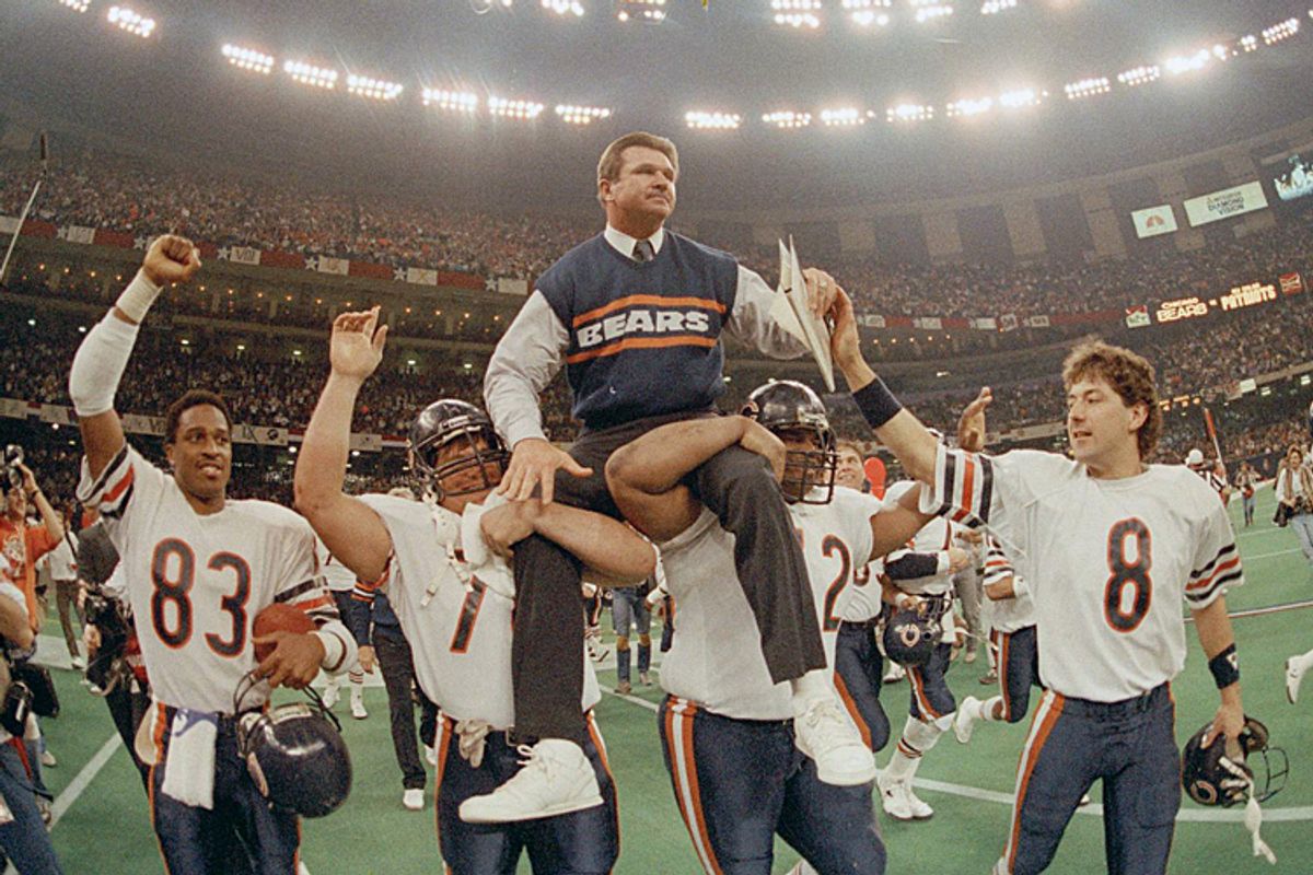 Mike Ditka is carried off the field by his players after the Bears win Super Bowl XX in New Orleans, La., Jan. 26, 1986.     (AP/Phil Sandlin)
