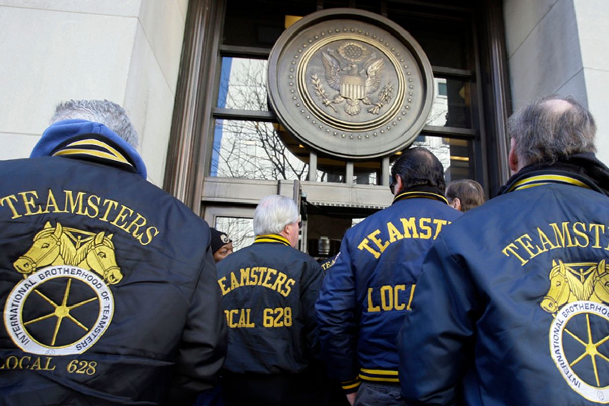 Members of the Teamsters enter the a federal building in Philadelphia on Tuesday, Feb. 24, 2009 to view the first bankruptcy hearing in the wake of the filing by Philadelphia Newspapers Inc., owner of The Philadelphia Inquirer and Philadelphia Daily News, for Chapter 11 protection. Bankruptcy lawyers say Philadelphia Newspapers Inc. Chief Executive Brian Tierney and two other Philadelphia newspaper executives will roll back their 2008 raises while the company tries to shed debt and stay afloat. (AP Photo/Matt Rourke)      (Matt Rourke)