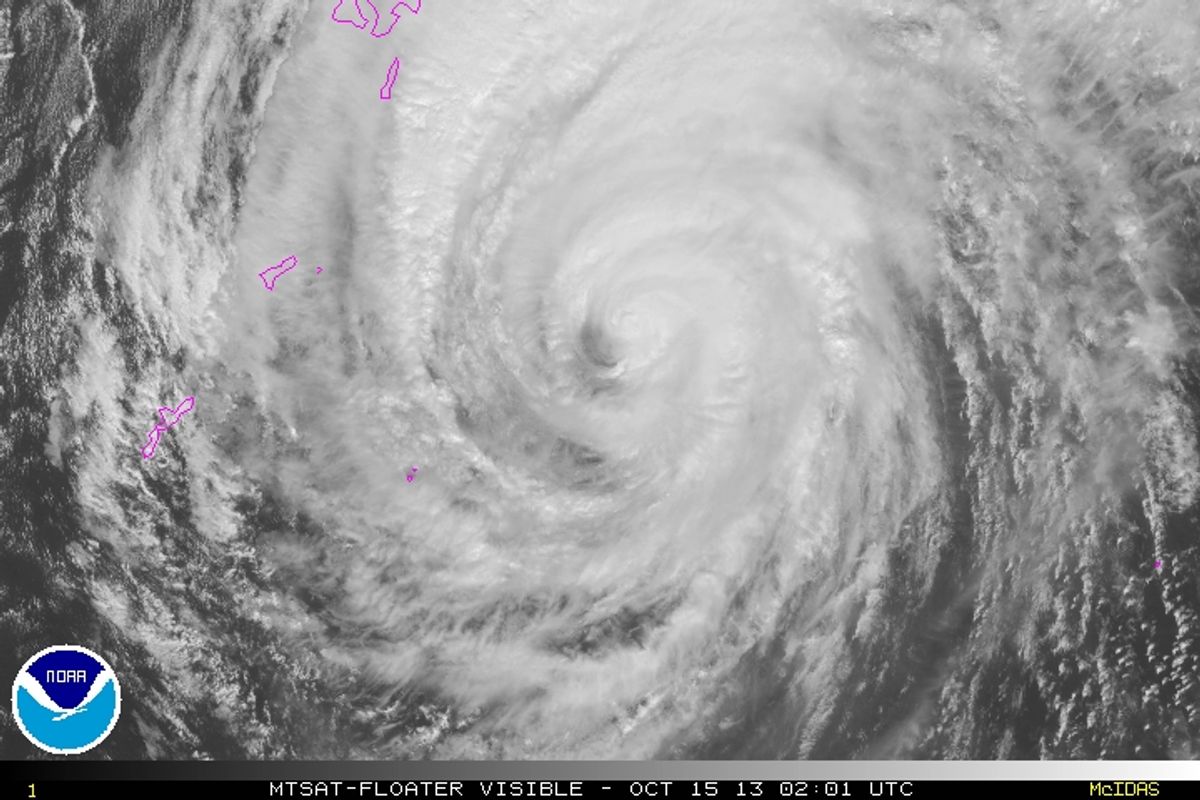 MTSAT visible satellite image of Typhoon Wipha taken at 02:01 UTC on October 15, 2013. (NOAA/MTSAT)