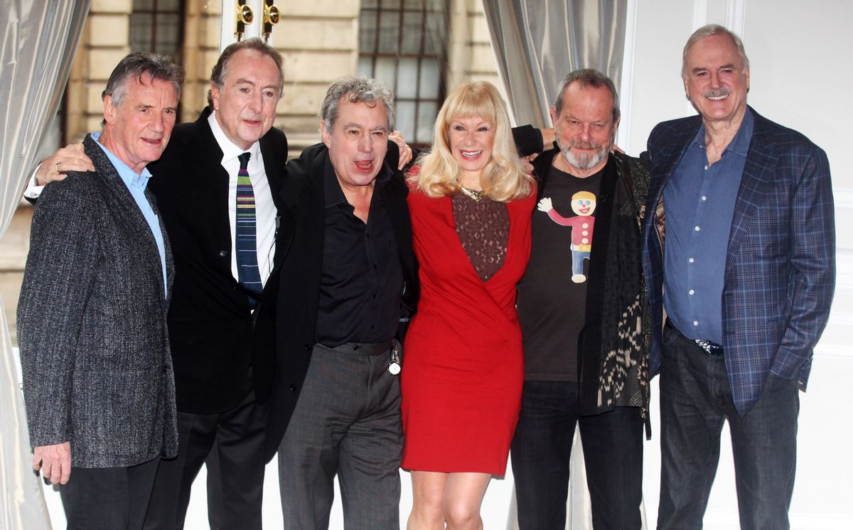 Michael Palin, Eric Idle, Terry Jones, Carol Cleveland,Terry Gilliam and John Cleese of the comedy troop Monty Python are seen at a photo call, on Thursday, Nov. 21, 2013 in London.     (Jim Ross/invision/ap)