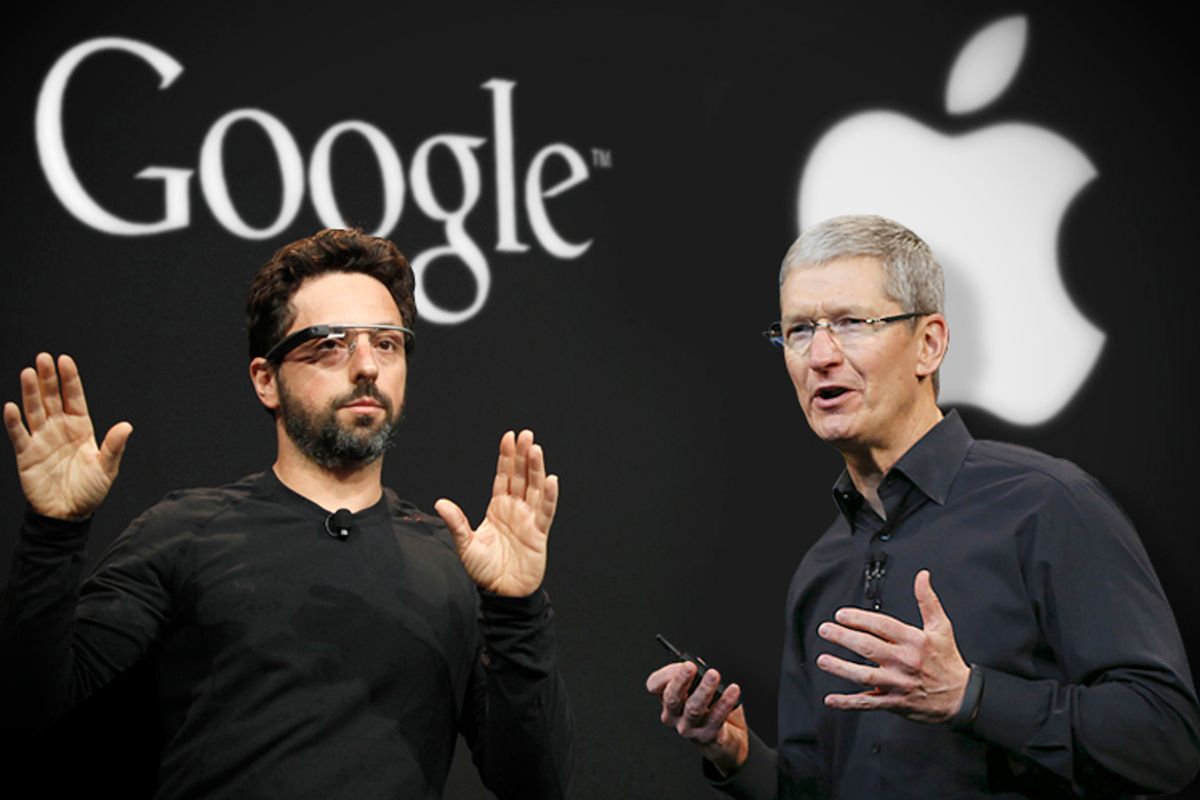 Sergey Brin, Tim Cook    (Reuters/Stephen Lam/Robert Galbraith)
