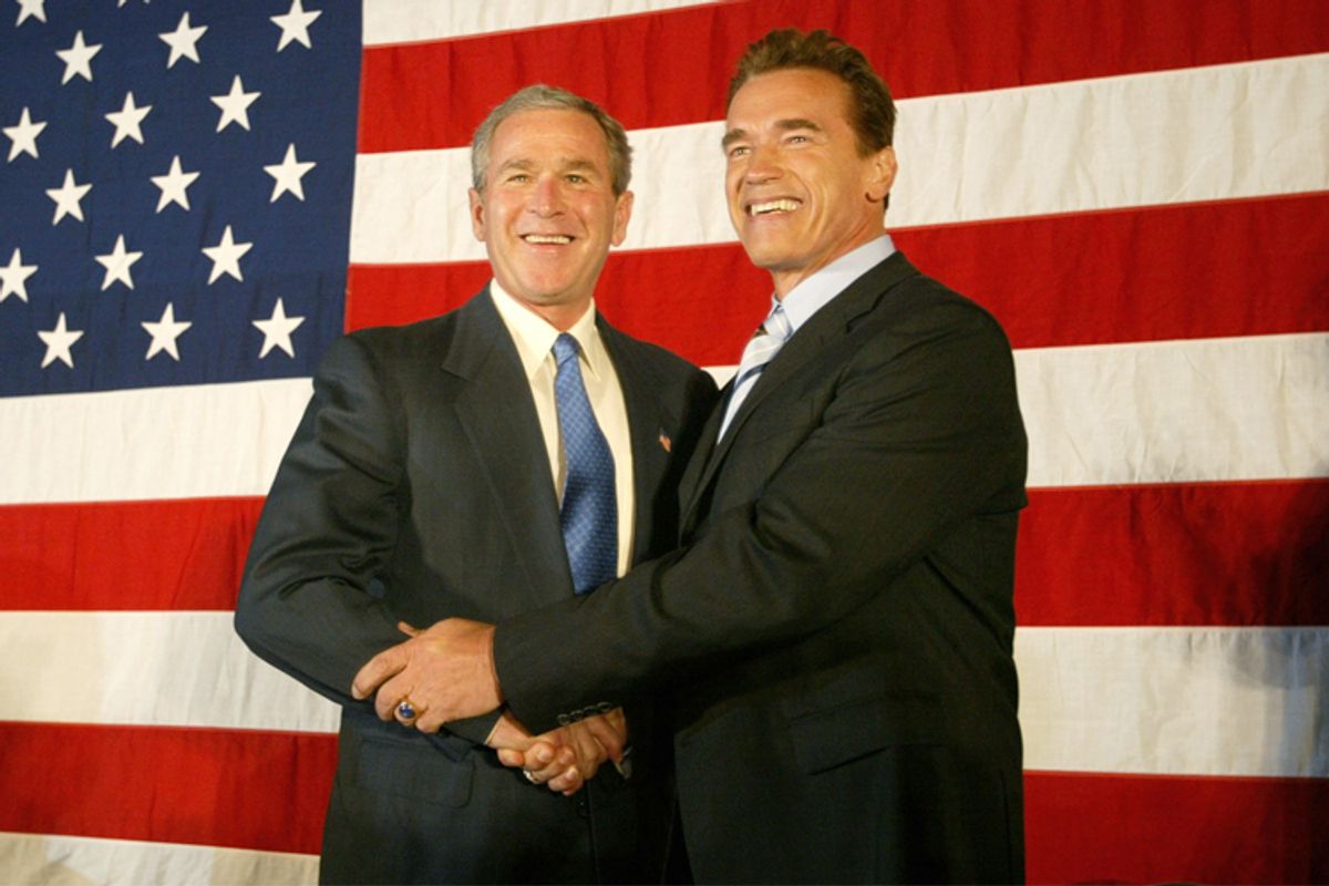 George W. Bush, Arnold Schwarzenegger     (AP/Charles Dharapak)