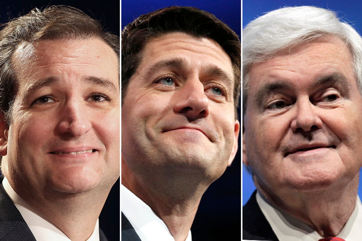 Ted Cruz, Paul Ryan, Newt Gingrich                   (Reuters/Joe Mitchell/Kevin Lamarque/AP/Michael Conroy)