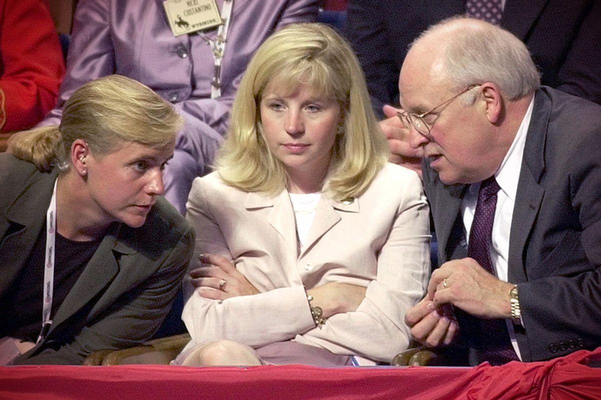 Dick Cheney confers with daughters, Mary, left, and Elizabeth, at the Republican National Convention in Philadelphia, July 31, 2000.                      (AP/Ed Reinke)