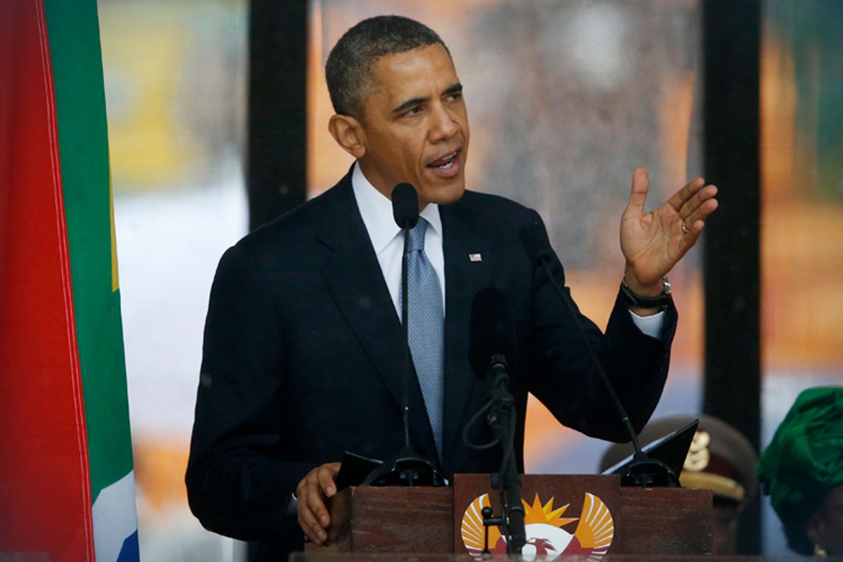Barrack Obama speaks at the memorial service for Nelson Mandela, Johannesburg, Dec. 10, 2013.                  (AP/Matt Dunham)