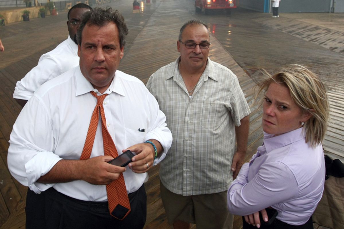 Deputy Chief of Staff Bridget Anne Kelly, right, stands with Gov. Chris Christie, left, during a tour of the Seaside Heights, N.J. boardwalk, Jan. 9, 2014.                    (AP/Tim Larsen)