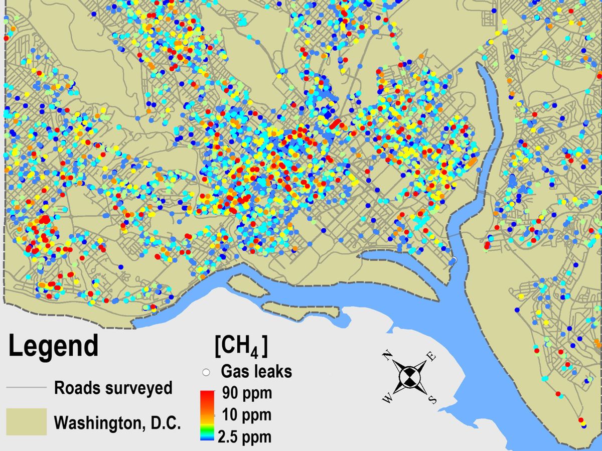 Methane leaks mapped across the 1,500 miles of roads of Washington, D.C.      (Environmental Science and Technology)