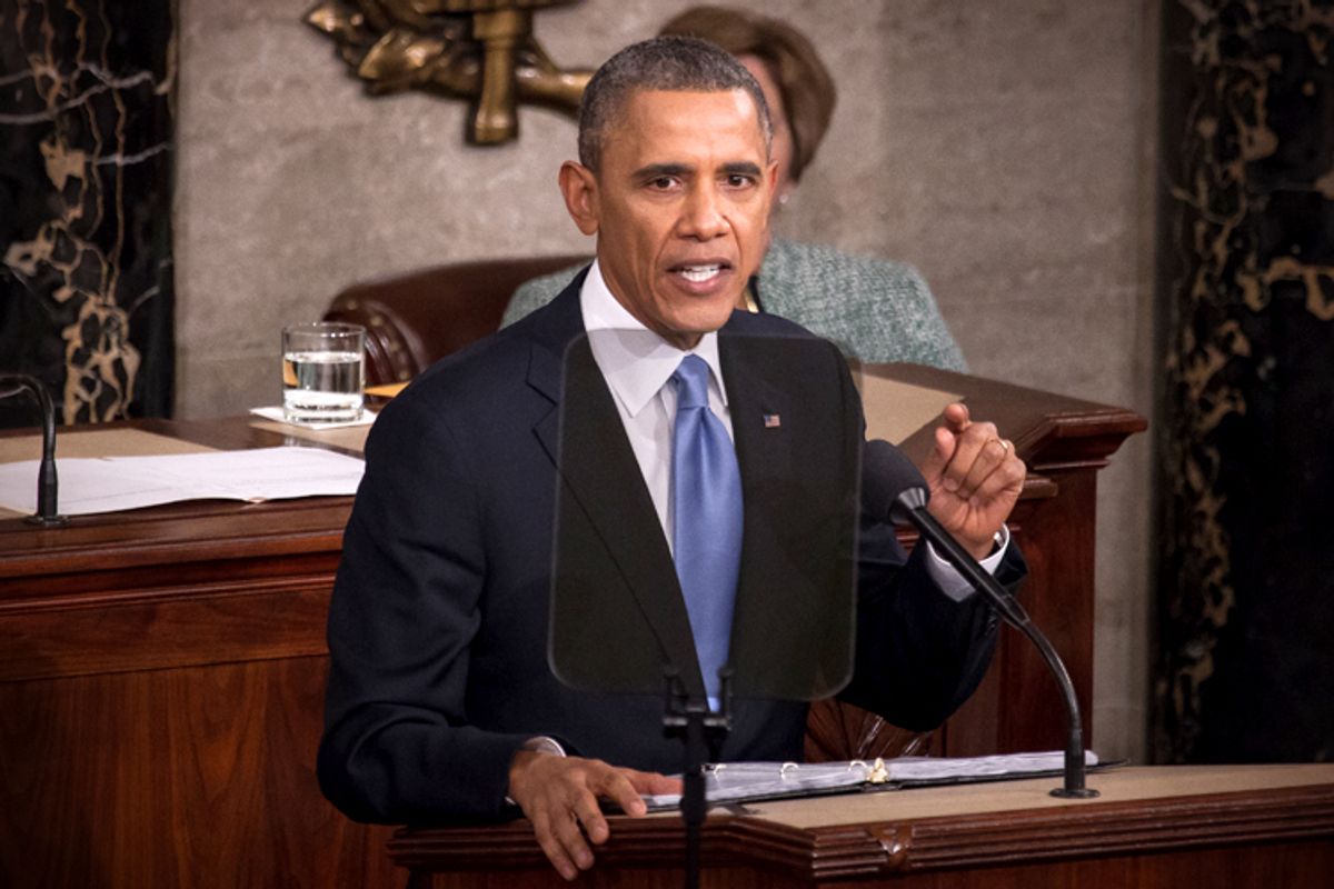 Barack Obama delivers the State of the Union address, January 28, 2014,            (Jeffrey Malet, maletphoto.com)