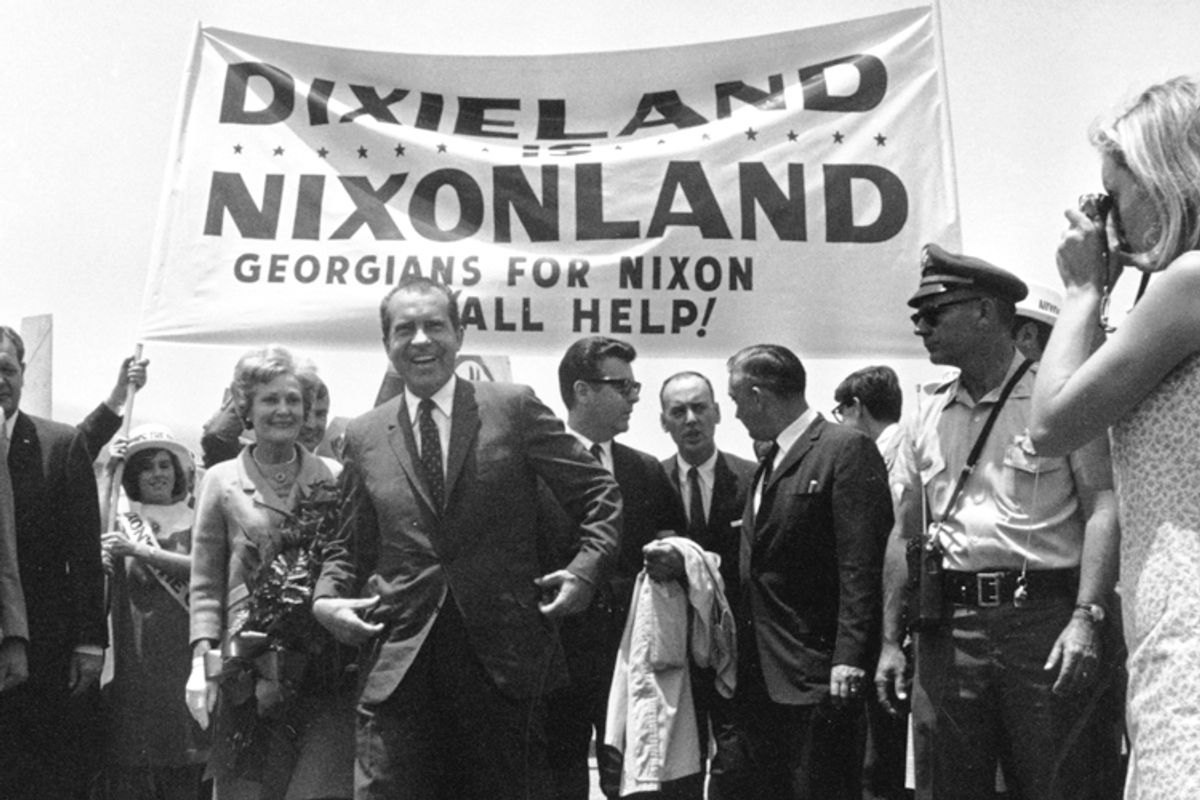 Richard M. Nixon arrives at the airport in Atlanta, Ga. with his wife, Patricia, May 31, 1968.          (AP)