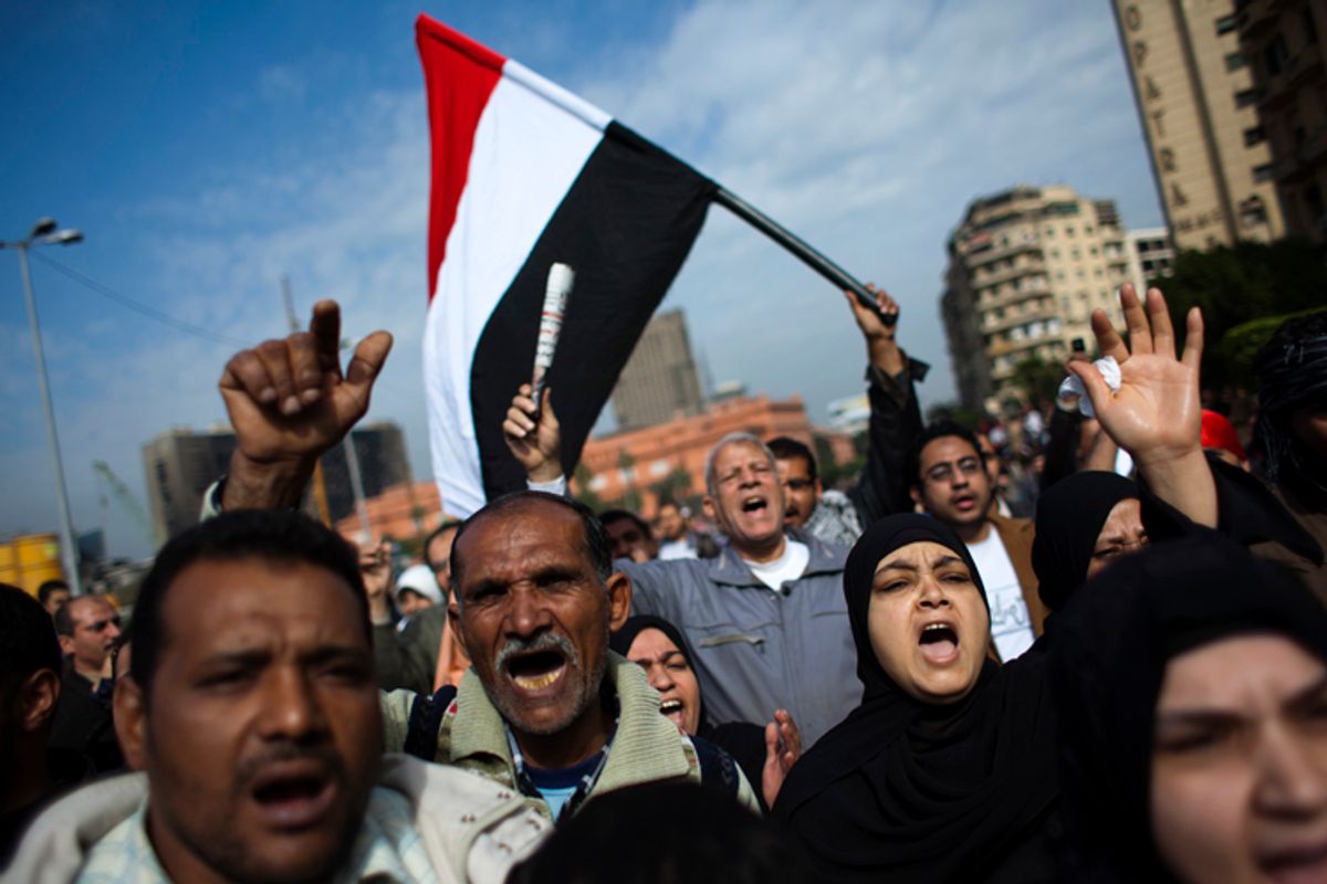Anti-government protesters march toward Tahrir  Square in downtown Cairo, Feb. 1, 2011.              (AP/Emilio Morenatti)