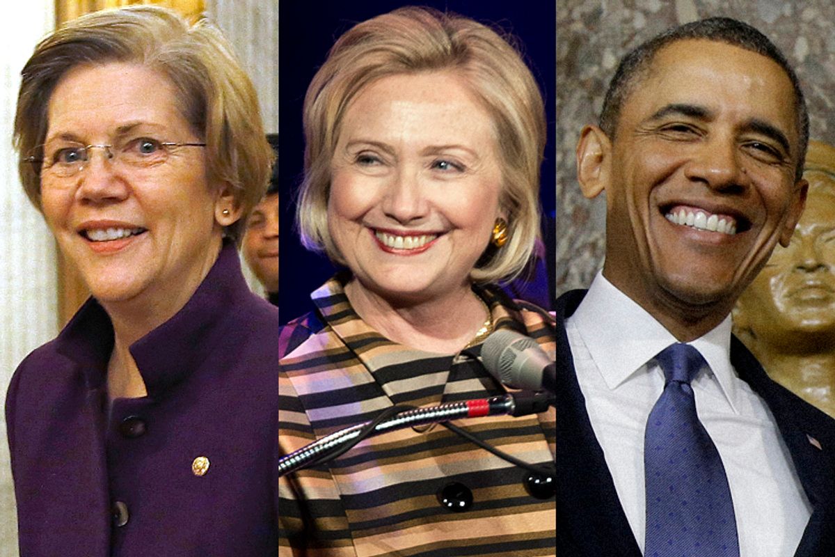 Elizabeth Warren, Hillary Clinton, Barack Obama                       (Reuters/Jonathan Ernst/Joshua Roberts/AP/Charles Dharapak)