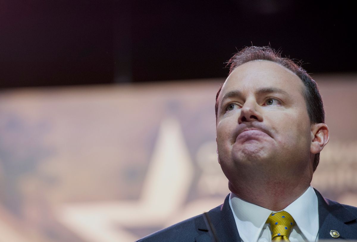 Sen. Mike Lee, R-Utah pauses while speaking at the Conservative Political Action Committee annual conference in National Harbor, Md., Thursday, March 6, 2014. Thursday marks the first day of the annual Conservative Political Action Conference, which brings together prospective presidential candidates, conservative opinion leaders and tea party activists from coast to coast.(AP Photo/Cliff Owen) (AP)