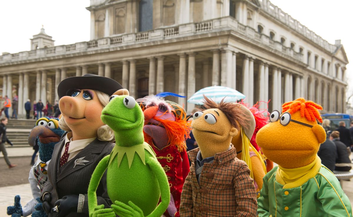 This image released by Disney shows muppet characters, from left, Gonzo, Miss Piggy, Kermit, Floyd Walter and Scooter in a scene from "Muppets Most Wanted." (AP Photo/Disney Enterprises, Inc., Jay Maidment) (AP)