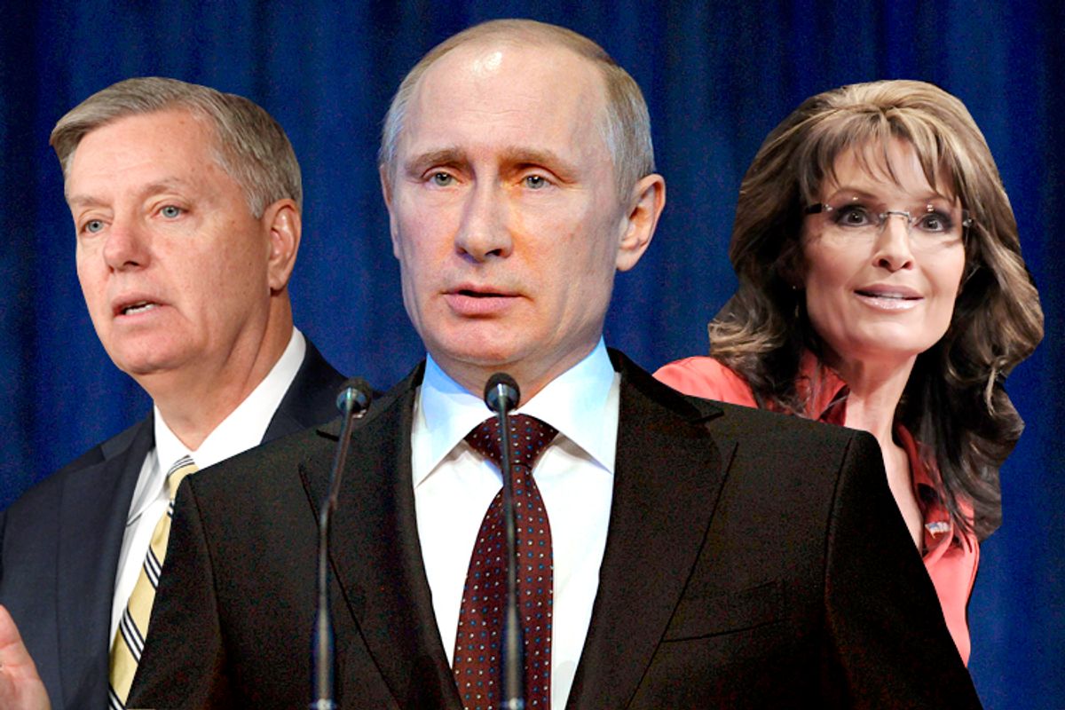 Lindsey Graham, Vladimir Putin, Sarah Palin                       (Reuters/Jonathan Ernst/AP/Alexei Druzhinin/photo collage by Salon)