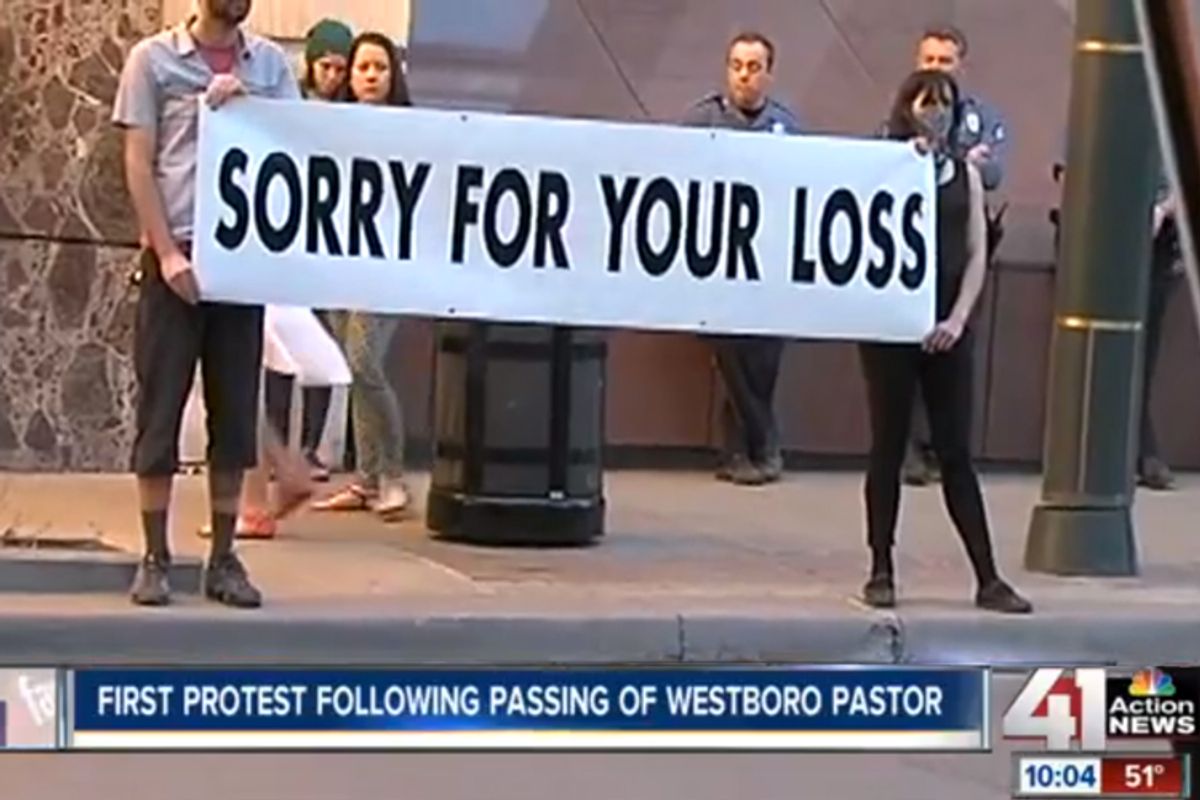 Westboro Baptist Church Counter-protesters in Kansas City, March 21, 2014.  (KSHB/NBC)