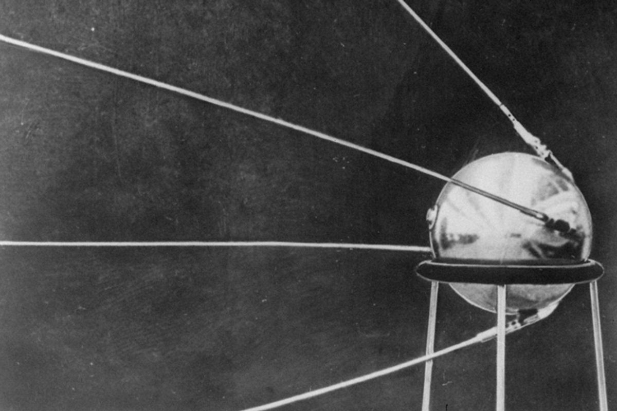 This first official picture of the Soviet satellite Sputnik I was issued in Moscow October 9, 1957, showing the four-antennaed satellite resting on a three-legged pedestal.    (AP/Zentralbild Picture Service)
