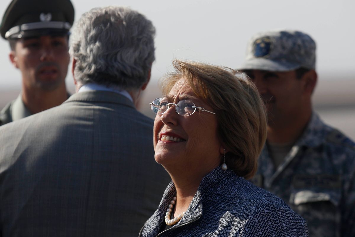 Chile's President Michelle Bachelet arrives to the airport in Arica, Chile one day after an earthquake on the Pacific coast, Wednesday, April 2, 2014.  (AP Photo/Luis Hidalgo, Pool) (AP)