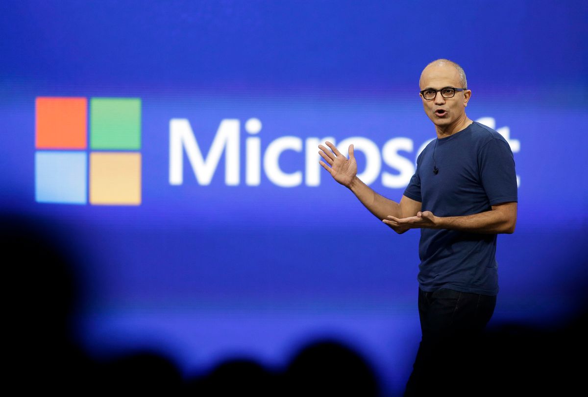 Microsoft CEO Satya Nadella gestures during the keynote address of the Build Conference Wednesday, April 2, 2014, in San Francisco. (AP Photo/Eric Risberg)   (AP)