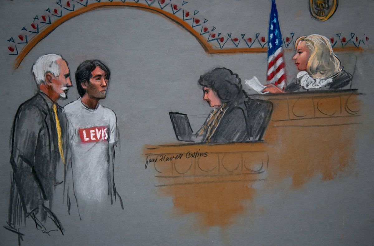 In this courtroom sketch, Khairullozhon Matanov, second from left, with attorney Paul Glickman, left, appears in federal court before Magistrate Judge Marianne B. Bowler, right, Friday, May 30, 2014, in Boston. Matanov, a friend of the brothers suspected of carrying out the 2013 Boston Marathon bombings, faces federal charges he destroyed, altered and falsified records, and made false statements to obstruct the investigation into the bombings. Matanov, arrested Friday morning at his apartment in Quincy, Mass., is a legal resident of the U.S. originally from Kyrgyzstan. (AP Photo/Jane Flavell Collins) (AP)