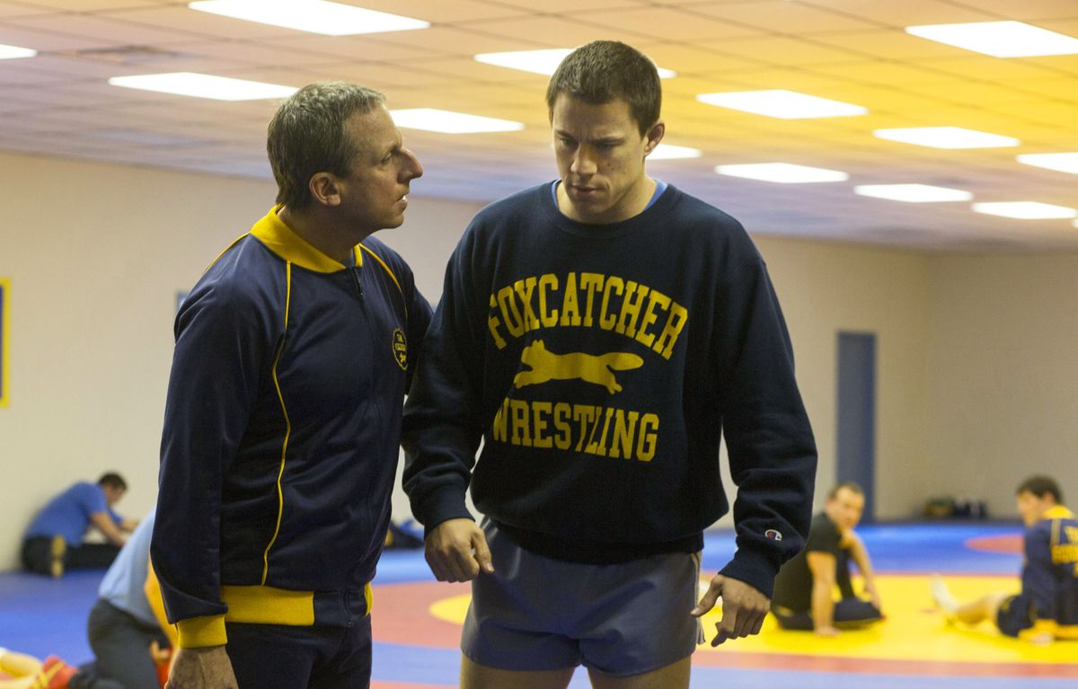 This image released by Cannes Film Festival shows Steve Carell, left, and Channing Tatum in a scene from "Foxcatcher." (AP Photo/Cannes Film Festival)