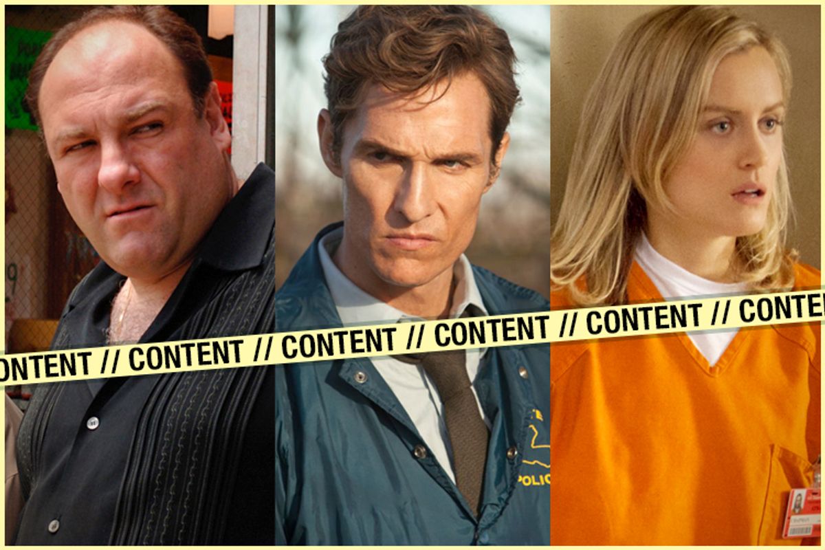 James Gandolfini in "The Sopranos," Matthew McConaughey in "True Detective," Taylor Schilling in "Orange Is the New Black"  (HBO/Netflix/Salon)