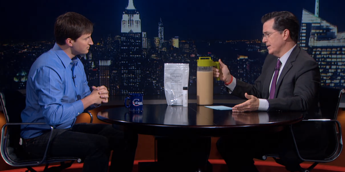  Rob Rhinehart and Stephen Colbert with Soylent   (screenshot)