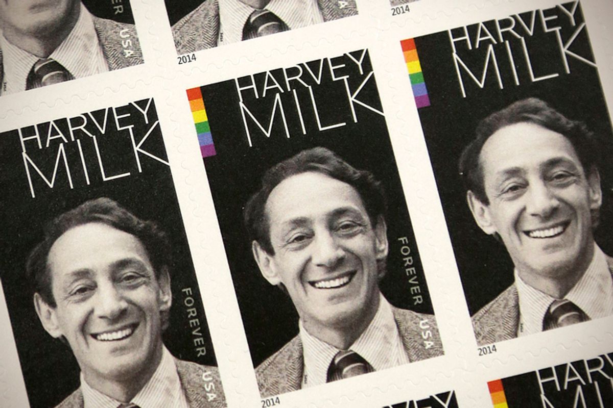 A sheet of commemorative stamps honoring Harvey Milk.        (AP/Jeff Chiu)