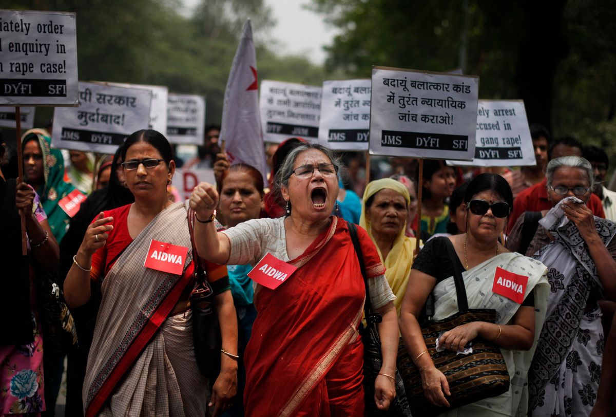 Members of the All India Democratic Women's Association (AIDWA) during a protest against the gang rape of two teenage girls.  (AP/Altaf Qadri)