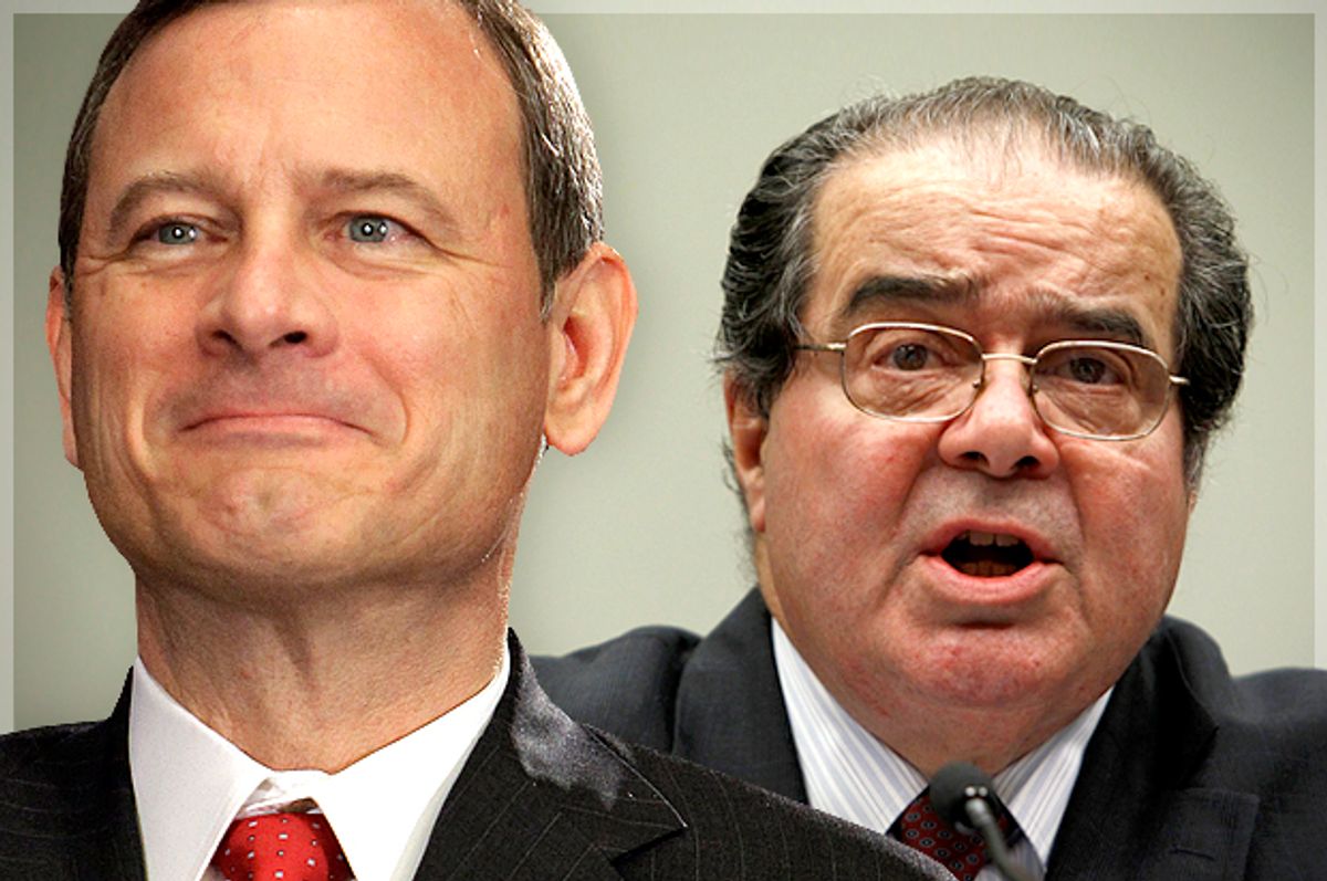 Supreme Court Justices John Roberts, Antonin Scalia                    (AP/Michael Conroy/Reuters/Kevin Lamarque/Photo collage by Salon)