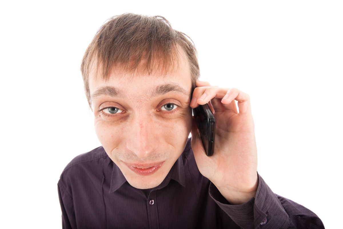    (<a href='http://www.shutterstock.com/pic-96260270/stock-photo-happy-weirdo-nerd-man-on-the-phone-isolated-on-white-background.html?src=TFRJsCm3vc4YhseBMbQDsw-1-18'>  Jan Mika </a> via <a href='http://www.shutterstock.com/'>Shutterstock</a>)