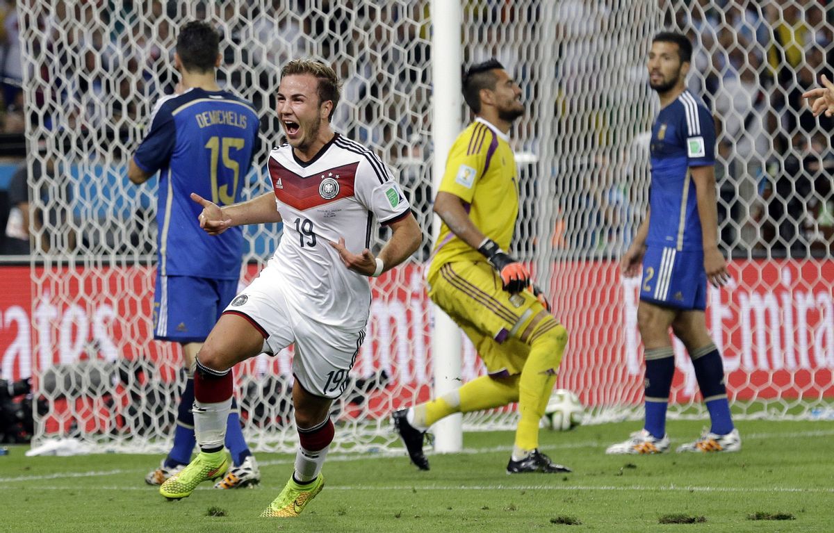 10ThingstoSeeSports - Germany's Mario Goetze celebrates after scoring the opening goal past Argentina's goalkeeper Sergio Romero during the World Cup final soccer match between Germany and Argentina at the Maracana Stadium in Rio de Janeiro, Brazil, Sunday, July 13, 2014. (AP Photo/Victor R. Caivano, File) (AP)