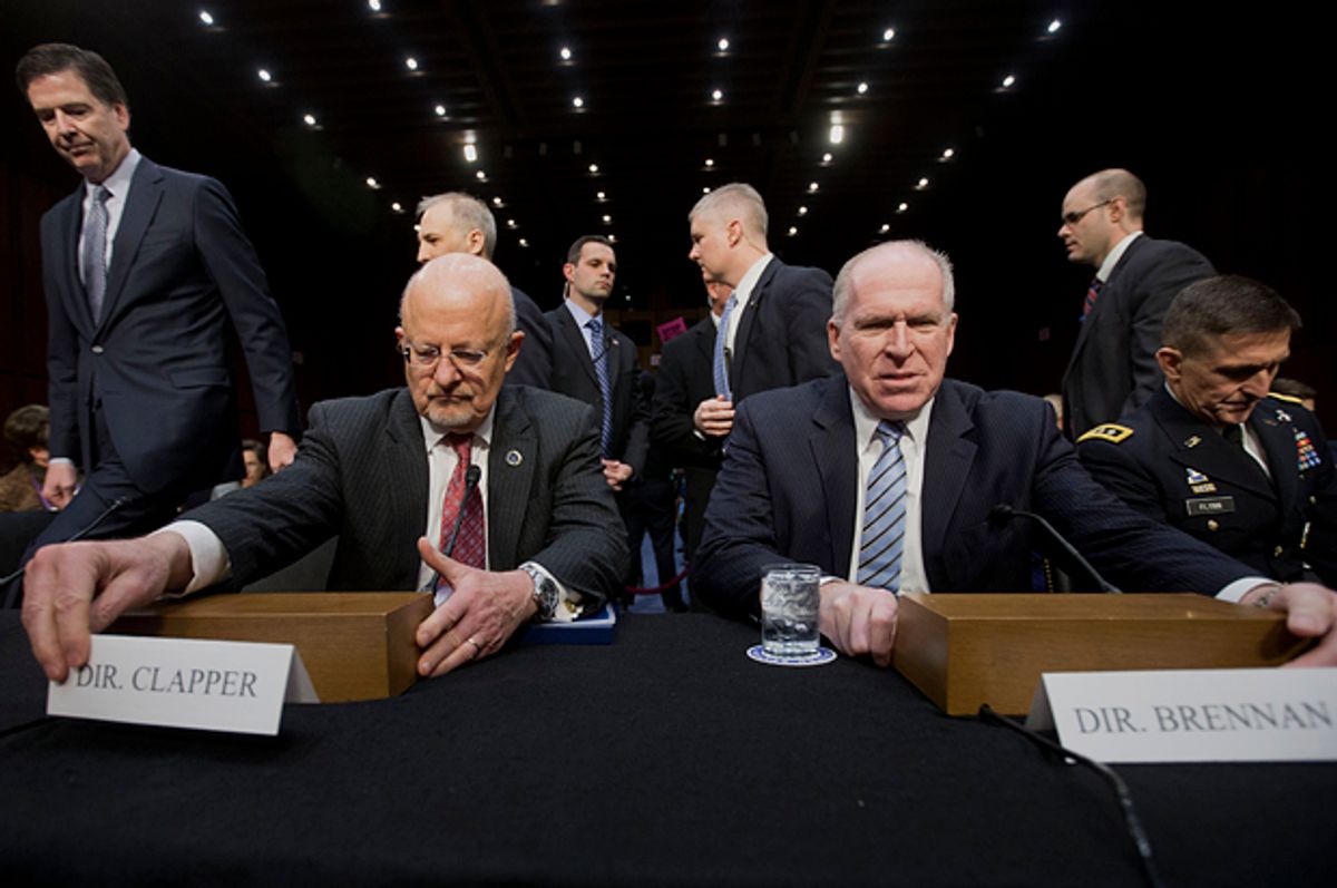 James Clapper and CIA Director John Brennan at the Senate Intelligence Committee, Capitol Hill in Washington, Jan. 29, 2014          (AP/Pablo Martinez Monsivais)